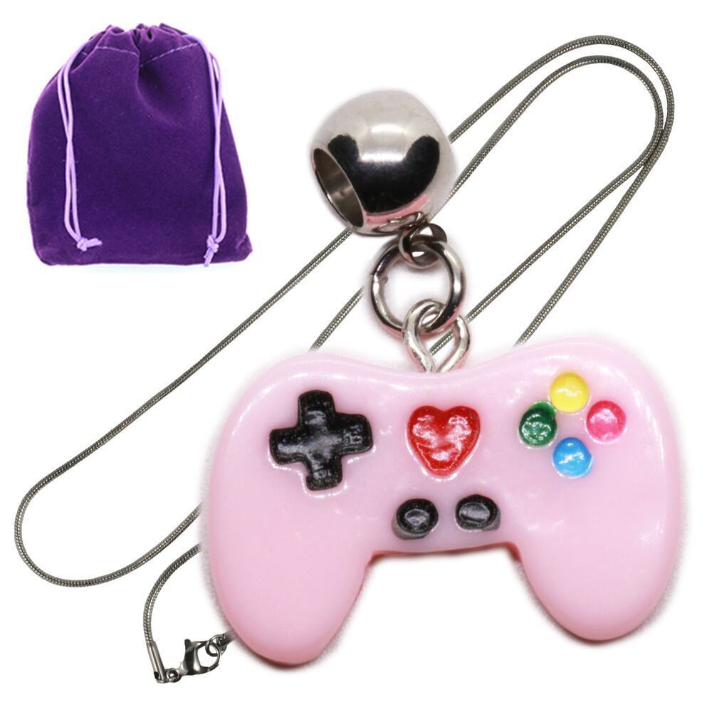 Pink Gaming Controller Pendant Necklace For Video Gaming Fans, Cute Heart Button